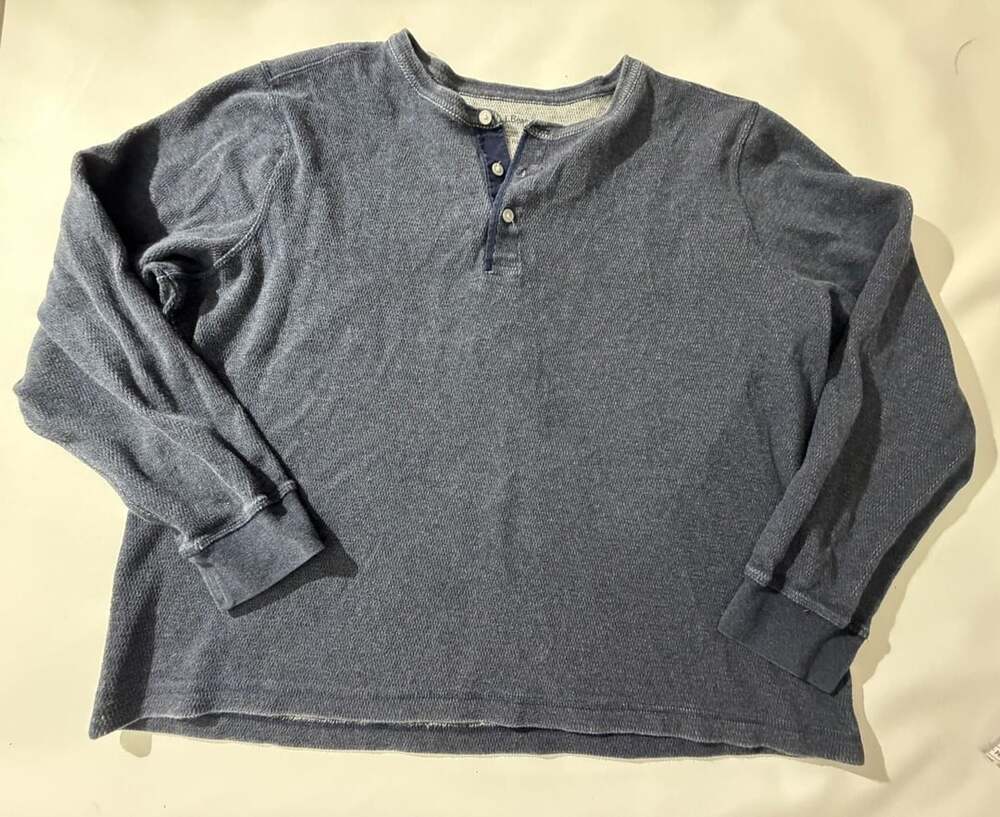 LL Bean XL Reg Blue Waffle Thermal Henley Shirt Slightly Fitted Boxy